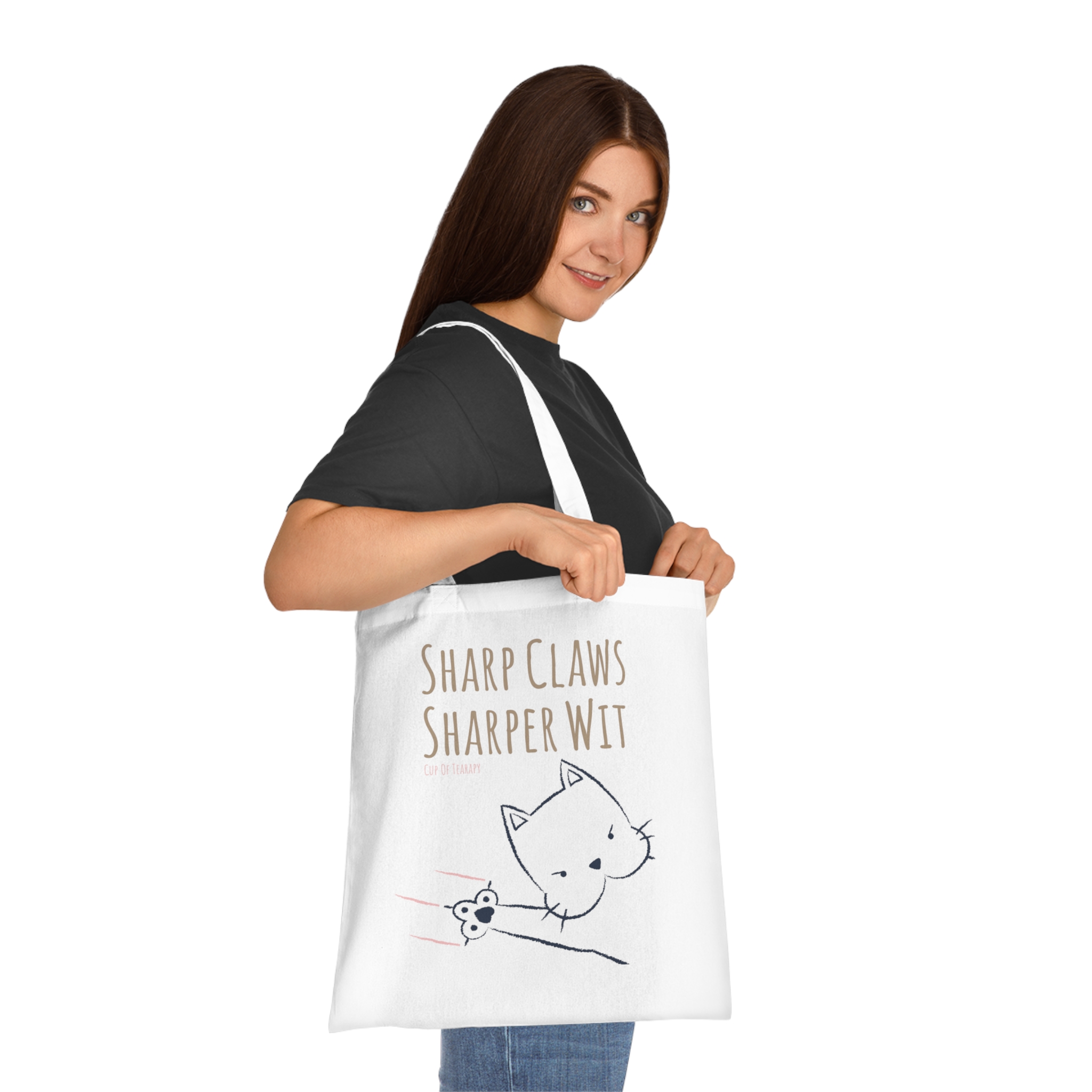 sharp claws sharper wit cat tote i sassy cat lover gift, funny minimalist shopper, clever kitty accessory, snarky cat parent bag