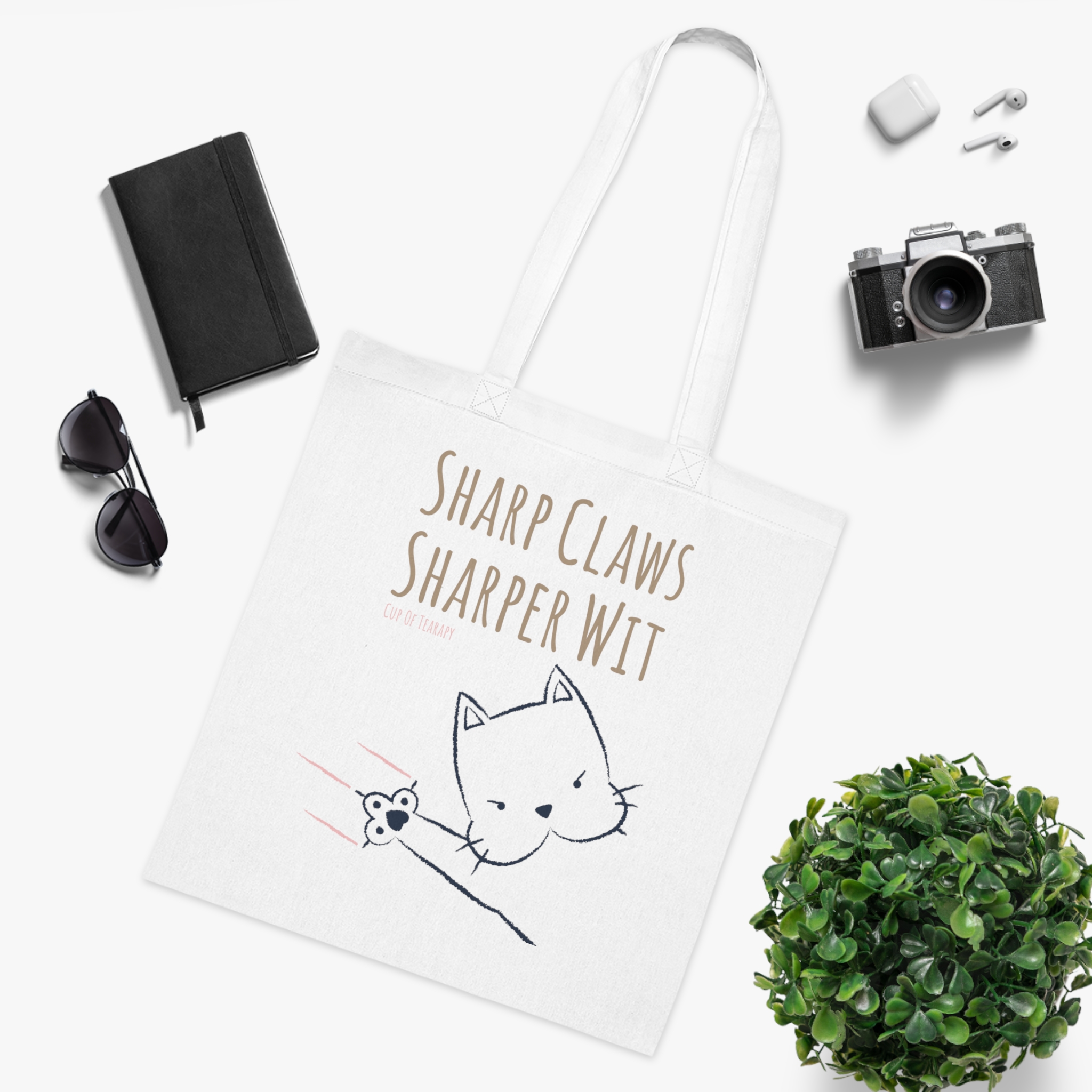 sharp claws sharper wit cat tote i sassy cat lover gift, funny minimalist shopper, clever kitty accessory, snarky cat parent bag