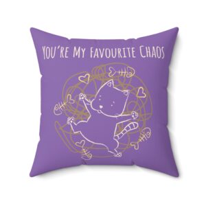 Cute Valentine Cat Decorative Purple Pillow — “You’re My Favourite Chaos” / “You Get My Weird. I Get Yours. That’s the Whole Thing”