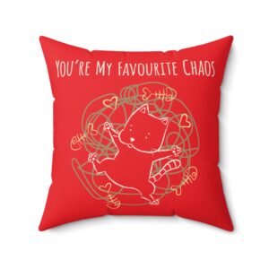 Cute Valentine Cat Decorative Red Pillow — “You’re My Favourite Chaos” / “You Get My Weird. I Get Yours. That’s the Whole Thing”